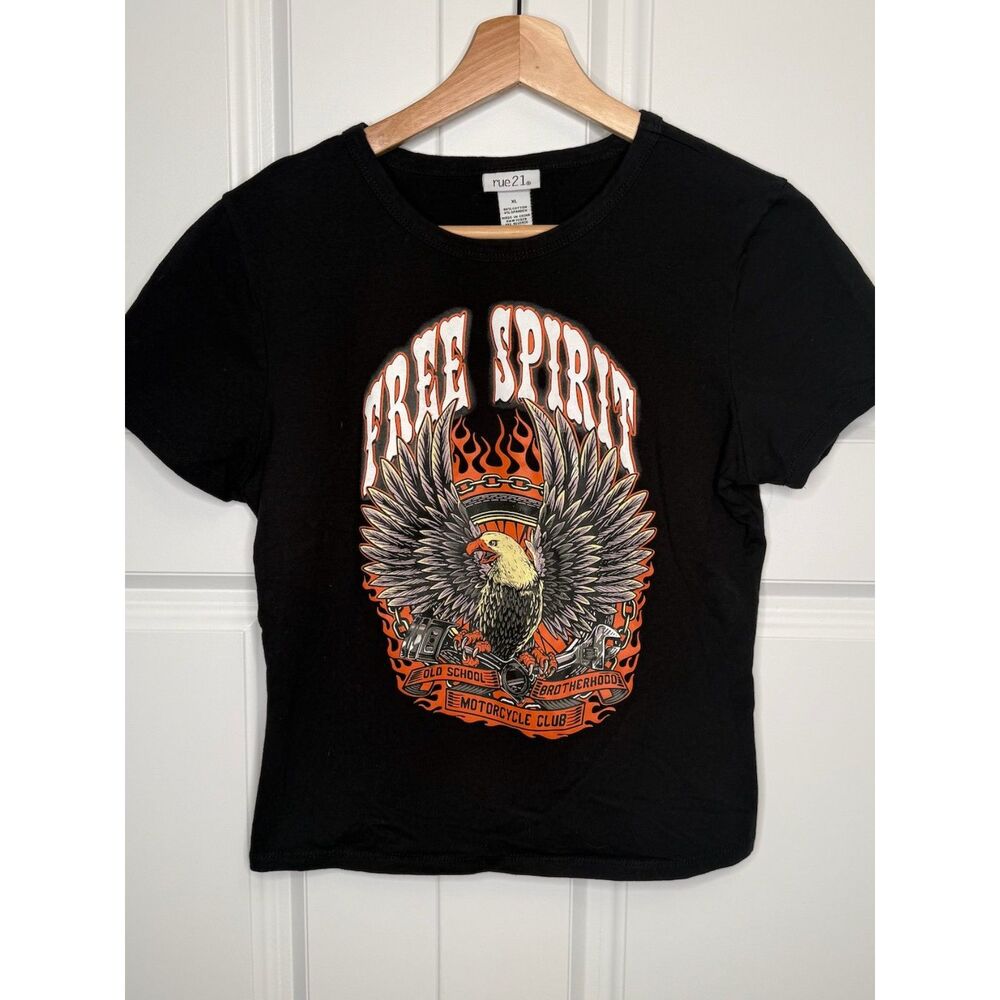 Rue21 Womens XL Free Spirit Eagle Graphic Tee Black Crop Baby Tee Biker Moto Y2K - Picture 1 of 4